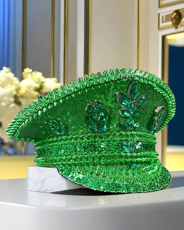 A Green Clover Sequined Navy Hat, Captain's Hat, Suitable for Bachelorette Parties, Adult Parties, Bars，Festival，Music Party