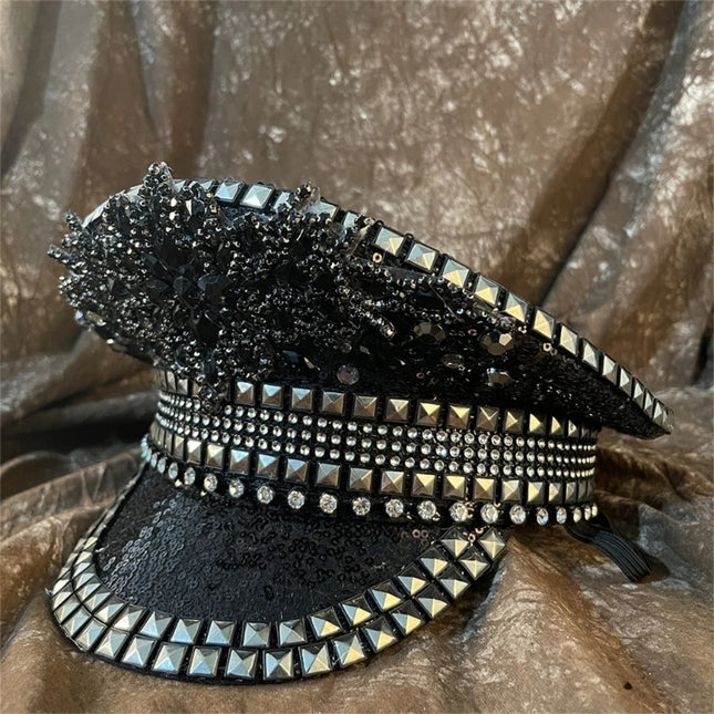 Sparkling Captain Hat Heavy Crystal Sequins Rivets Hat for Bachelorette Party Captain Hat Bride Hat for Actor Actress