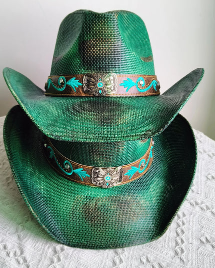 Hand-painted Western Cowboy hat Bronze green hat for men women Large Brim stiff straw hat summer sombrero vaquero hombreковбойс