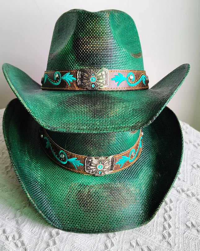 Hand-painted Western Cowboy hat Bronze green hat for men women Large Brim stiff straw hat summer sombrero vaquero hombreковбойс