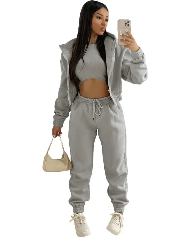 3pcs Women's Clothing Set Fleece-lined Hooded Sweater &Sleeveless Tank Top & Sports Sweatpants Pants