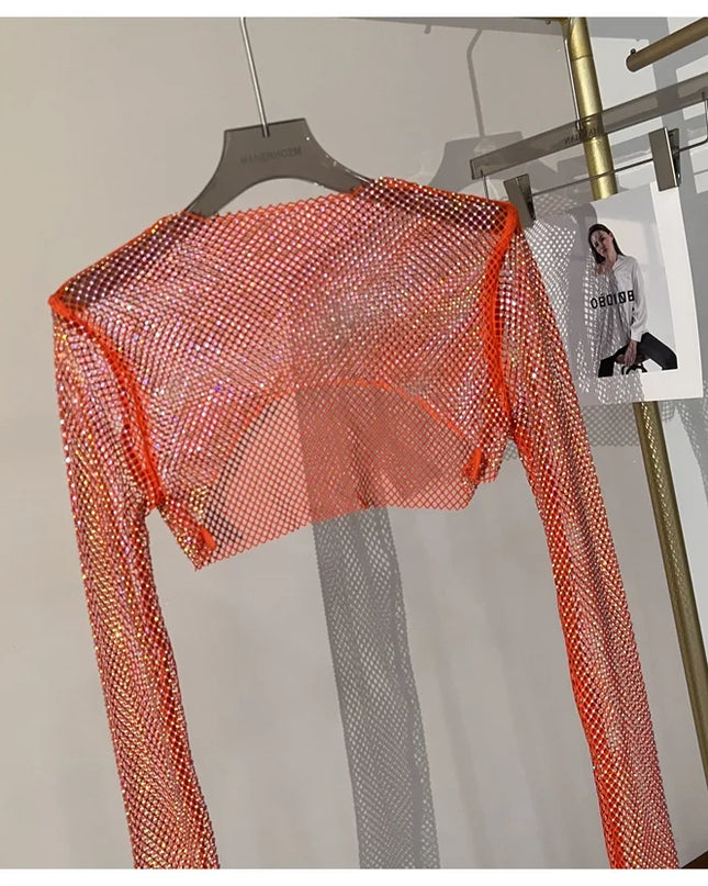 2023 new sexy bright diamond short top Slim thin Ms. hot drill long-sleeved T-shirt sexy leak waist nightclub