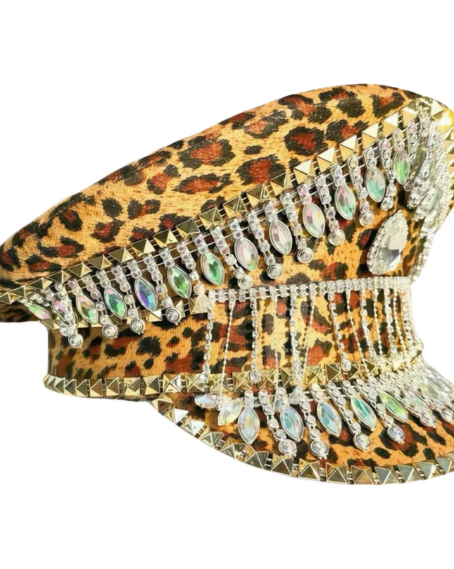 Leopard Pendant Rhinestone Military Cap Luxury Handmade Masquerade Captain Hat Cosplay Music Festival Unisex Steampunk Cap