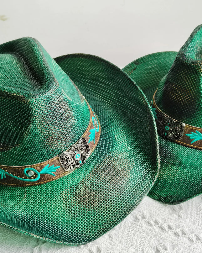 Hand-painted Western Cowboy hat Bronze green hat for men women Large Brim stiff straw hat summer sombrero vaquero hombreковбойс