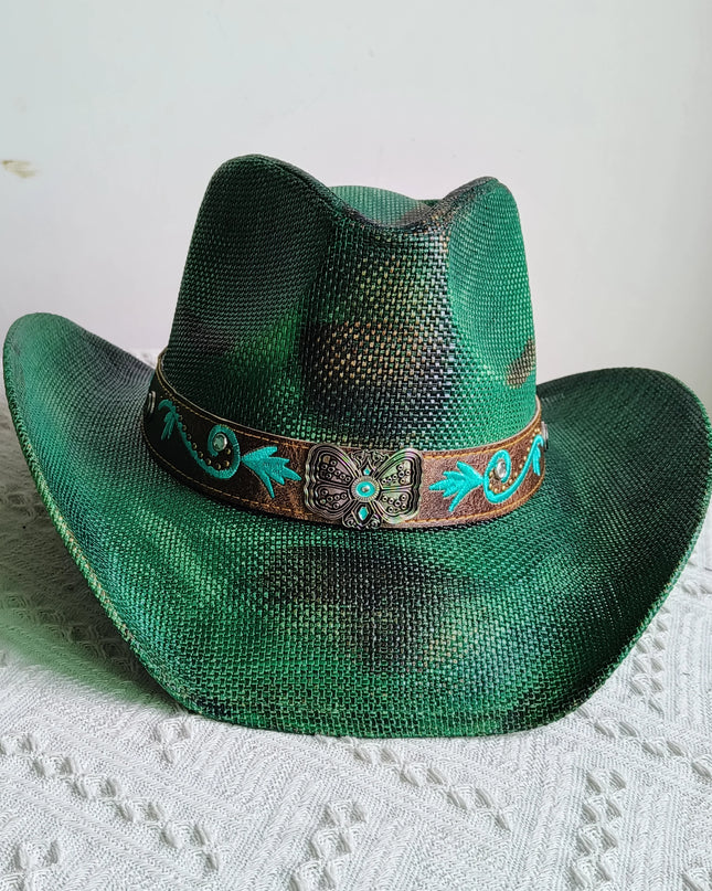 Hand-painted Western Cowboy hat Bronze green hat for men women Large Brim stiff straw hat summer sombrero vaquero hombreковбойс