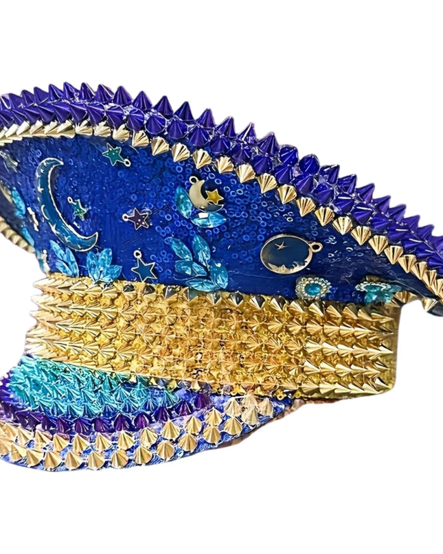 Ramadan Festival Captain Hat Moon Blue Gold Rivet Unisex Adult Military Cap Rhinestone Hen Do Hat Steampunk Masquerade Party
