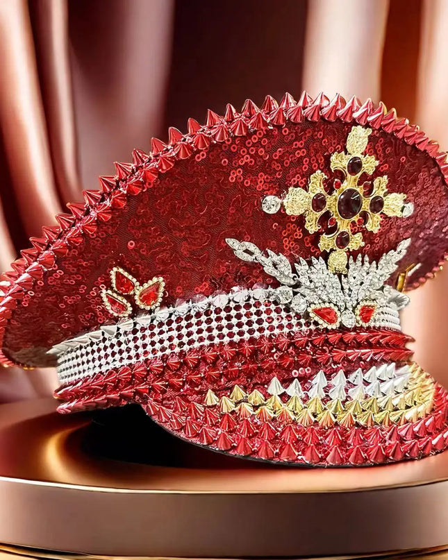 HongLuan Vintage Sparkle Red Captain Hat Rhinestone for Women,Burning Man Military Cap&Hats Luxury Woman