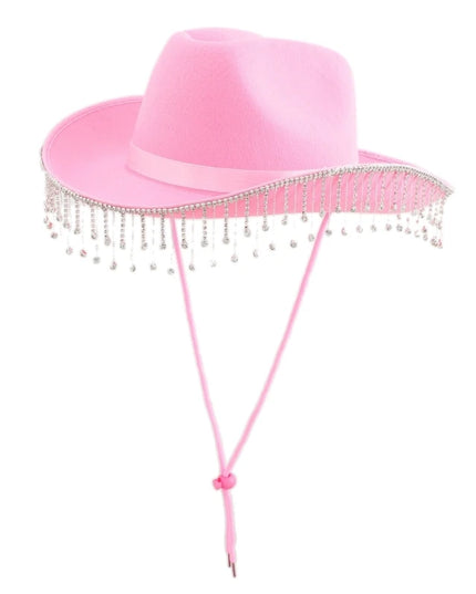 Rhinestones Tassels Hat for Women Teens Girl Breathable Wide Brim BeachSun Hat Music Festival Hat Bachelorette Party Cap