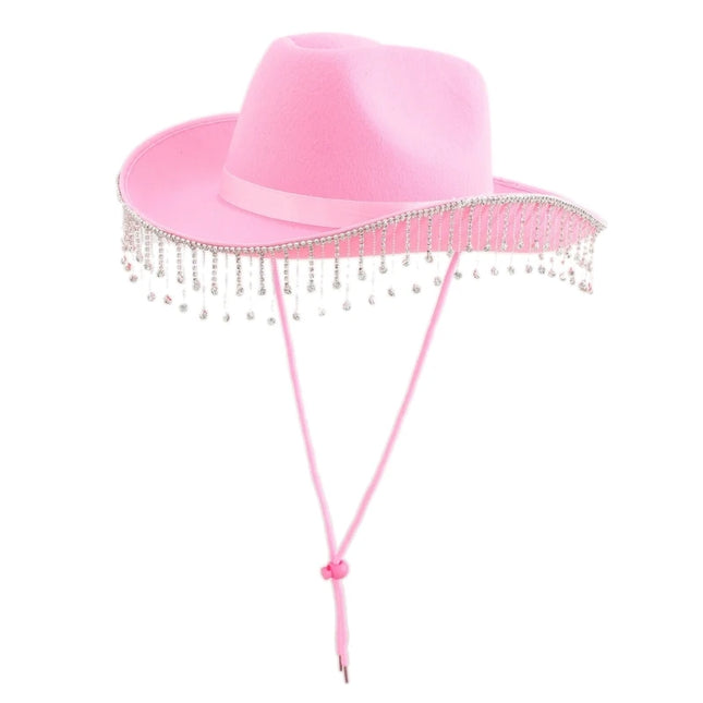 Rhinestones Tassels Hat for Women Teens Girl Breathable Wide Brim BeachSun Hat Music Festival Hat Bachelorette Party Cap