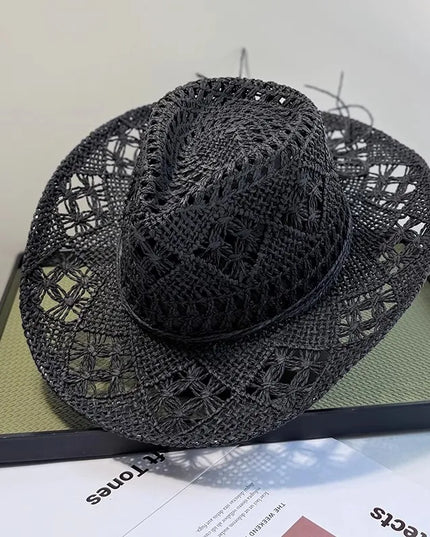 New Western Cowboy Hats for Women Men Classic Vintage Hollow Out Unisex Curled Wide Brim Sun Hat Fishing Hat Climbing Straw Cap