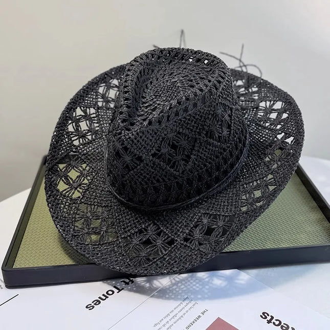 New Western Cowboy Hats for Women Men Classic Vintage Hollow Out Unisex Curled Wide Brim Sun Hat Fishing Hat Climbing Straw Cap