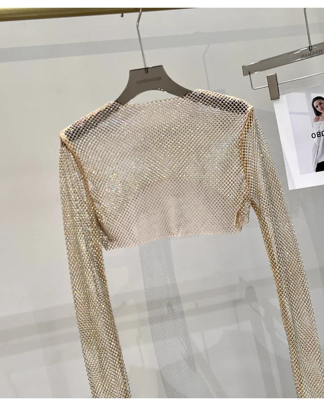 2023 new sexy bright diamond short top Slim thin Ms. hot drill long-sleeved T-shirt sexy leak waist nightclub
