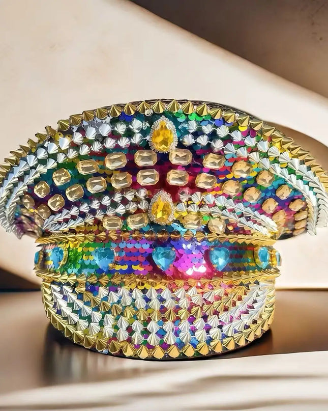 HongLuan Golden Bling Captain Hat Rhinestone for Woman - Luxury Colorful Steampunk Military Cap for Burning Man Music Festival