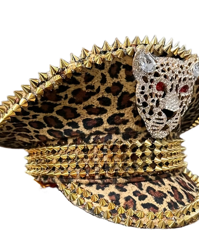 Leopard Print Head Festival Captain Hat Rock Steampunk Military Cap Handmade Masquerade Headwear Music Festival Bride Party Hat