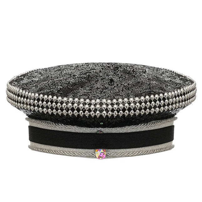 Corzzet Luxury Silver Sequined & Diamonds Club Party Rave Rock Cosplay Accessories Steampunk Military Hat Masquerade Costumes