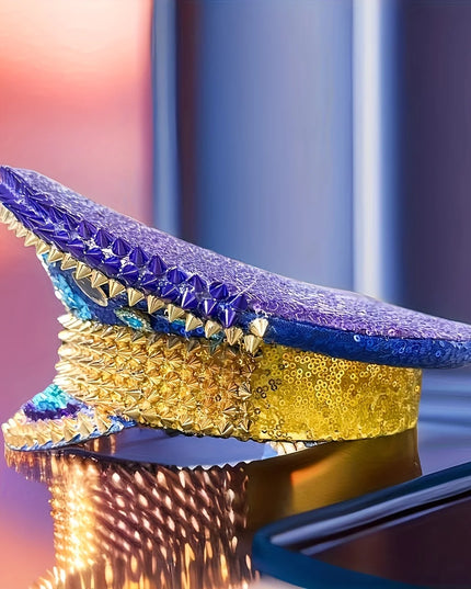 Ramadan Festival Captain Hat Moon Blue Gold Rivet Unisex Adult Military Cap Rhinestone Hen Do Hat Steampunk Masquerade Party