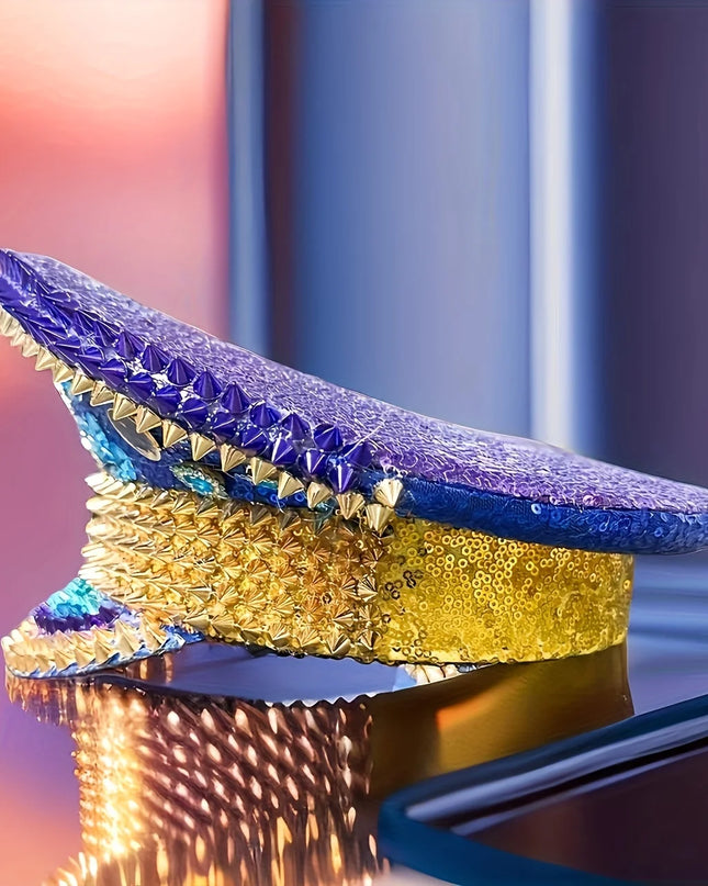 Ramadan Festival Captain Hat Moon Blue Gold Rivet Unisex Adult Military Cap Rhinestone Hen Do Hat Steampunk Masquerade Party
