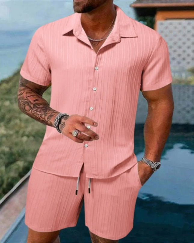2024 New style Summer Men's Fashion Beach Suit Outdoor Sports Casual Shirt Solid color Loose Short Sleeve Shorts Beach two-piece