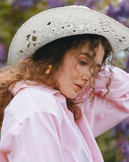 New Western Cowboy Hats for Women Men Classic Vintage Hollow Out Unisex Curled Wide Brim Sun Hat Fishing Hat Climbing Straw Cap