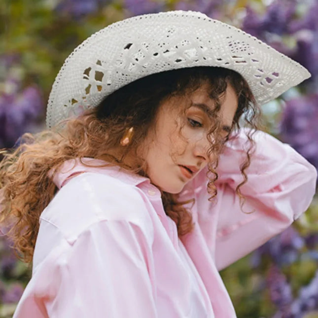 New Western Cowboy Hats for Women Men Classic Vintage Hollow Out Unisex Curled Wide Brim Sun Hat Fishing Hat Climbing Straw Cap