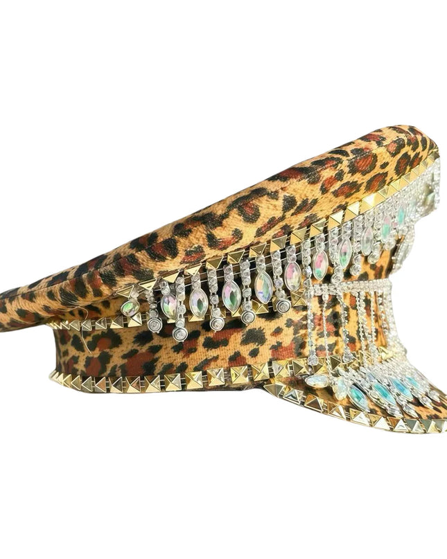 Leopard Pendant Rhinestone Military Cap Luxury Handmade Masquerade Captain Hat Cosplay Music Festival Unisex Steampunk Cap