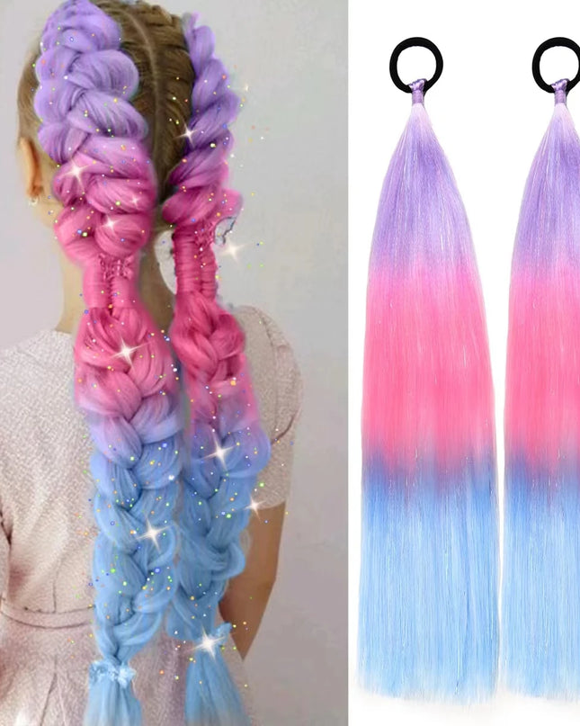 2pcs Synthetic Hair Extensions Ombre Braid Ponytail Blend Hair Tinsels with Hair Tie Crazy Hair Day Accessories For Women Girls