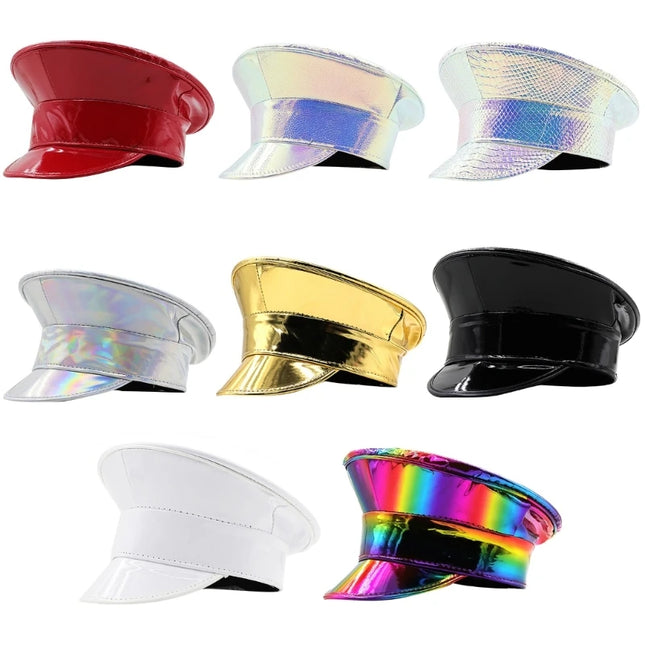 Shimmering Captain Hat for Adult Glitter PatentLeather Cap for Bachelorette Party Music Festival Carnivals Costume Hat