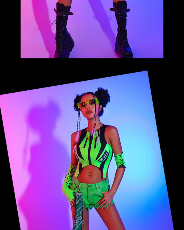 2023 New Fluorescent Green Tops Black Shorts Kpop Outfits For Girls Group Jazz Dance Costumes Pole Dance Rave Clothes