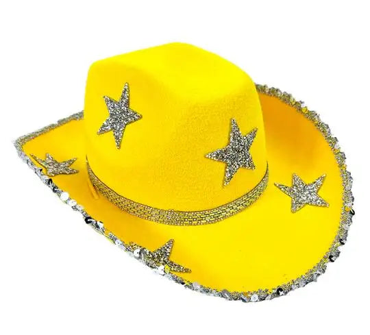 Women Rhinestone Star Cowgirl Hat Wide Brim Diamond Glitter Western Hat Cowgirl Cap for Wedding Music Costume Party