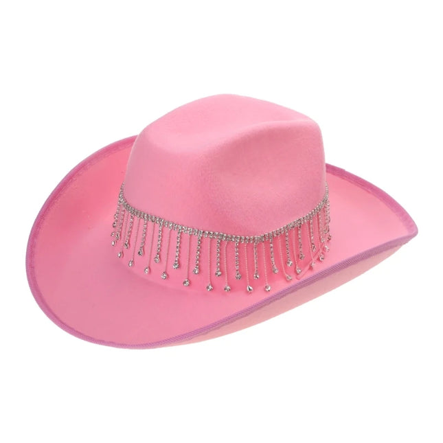 Rhinestones Tassels Hat for Women Teens Girl Breathable Wide Brim BeachSun Hat Music Festival Hat Bachelorette Party Cap