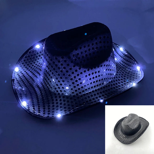 LED Western Cowboy Hat Cowgirl Hat Retro EL Wire Light Brim Jazz Top Hat Bride Cowboy Hat Cosplay Cowboy Costume For Women Men