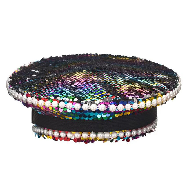Corzzet Luxury Silver Sequined & Diamonds Club Party Rave Rock Cosplay Accessories Steampunk Military Hat Masquerade Costumes