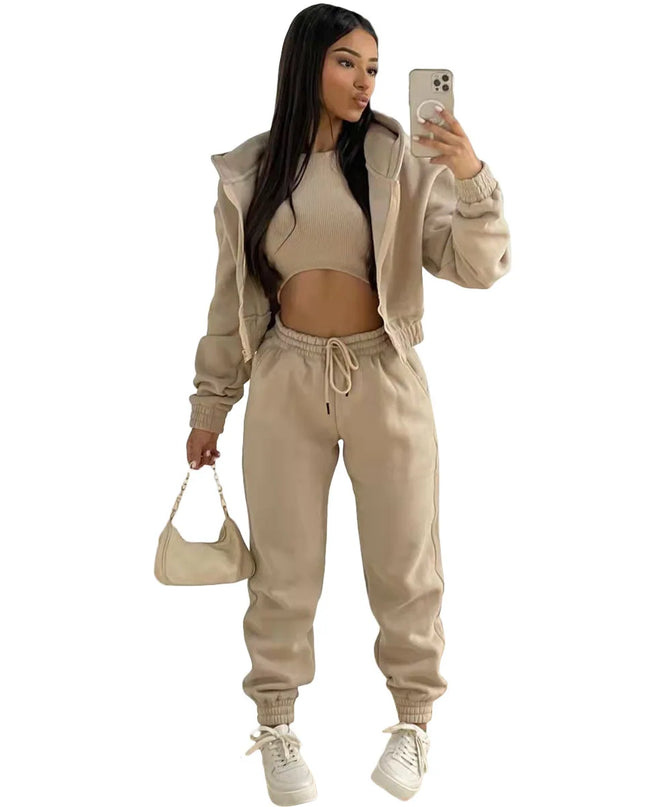 3pcs Women's Clothing Set Fleece-lined Hooded Sweater &Sleeveless Tank Top & Sports Sweatpants Pants