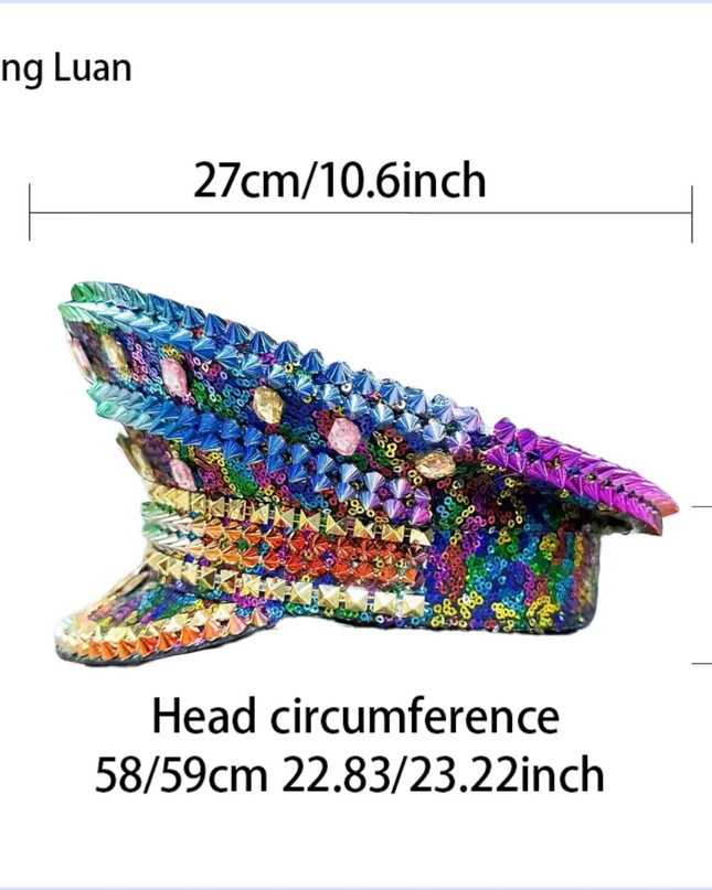 HongLuan Rainbow Bling Captain Hat Rhinestone Woman Sparkly Steampunk Military Caps for Burning Man Coachella Music Festival