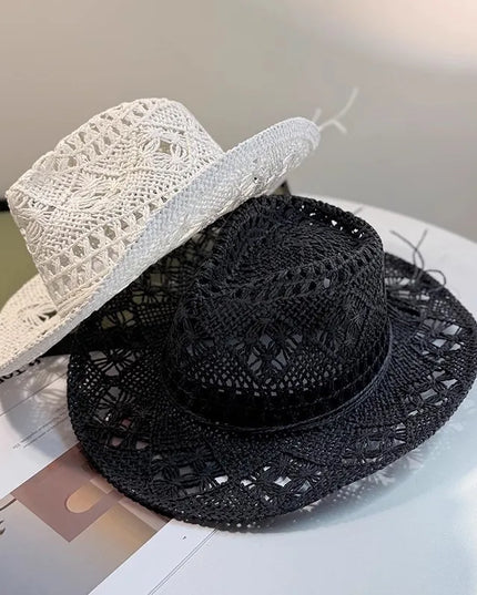 New Western Cowboy Hats for Women Men Classic Vintage Hollow Out Unisex Curled Wide Brim Sun Hat Fishing Hat Climbing Straw Cap