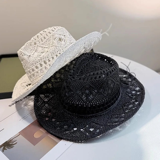 New Western Cowboy Hats for Women Men Classic Vintage Hollow Out Unisex Curled Wide Brim Sun Hat Fishing Hat Climbing Straw Cap