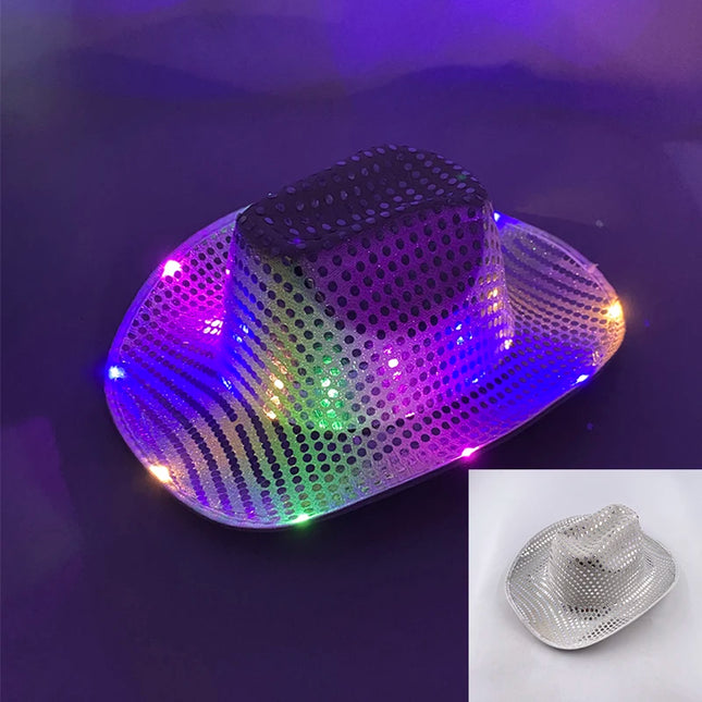 LED Western Cowboy Hat Cowgirl Hat Retro EL Wire Light Brim Jazz Top Hat Bride Cowboy Hat Cosplay Cowboy Costume For Women Men