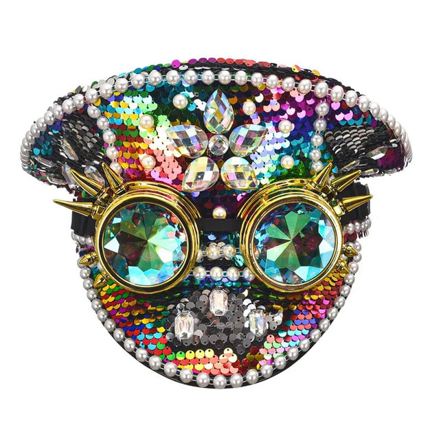 Corzzet Luxury Silver Sequined & Diamonds Club Party Rave Rock Cosplay Accessories Steampunk Military Hat Masquerade Costumes