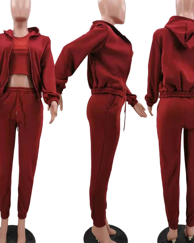 3pcs Women's Clothing Set Fleece-lined Hooded Sweater &Sleeveless Tank Top & Sports Sweatpants Pants