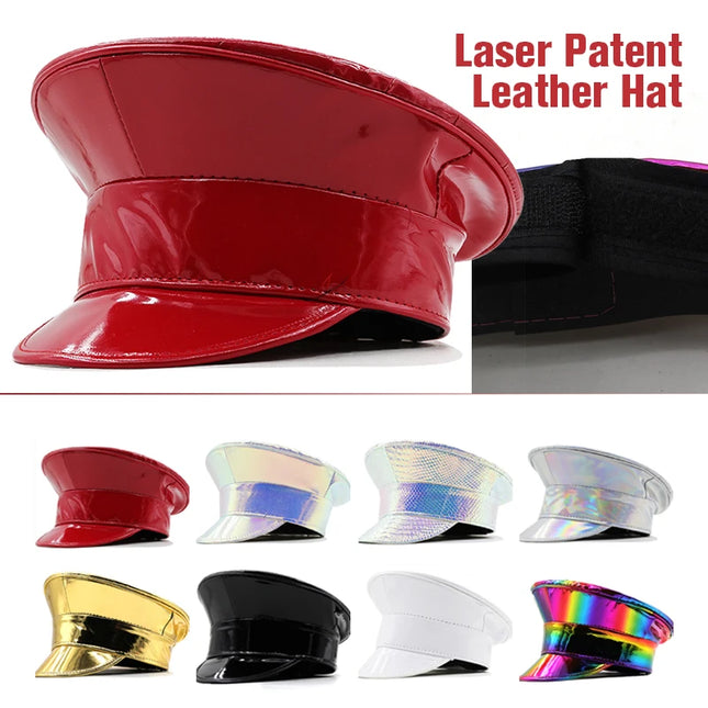 Women Men PU Leather Captain Cap Rainbow Laser Patent Leather Military Hat Prom Performance Bar Cosplay Show Hat Beret Cap