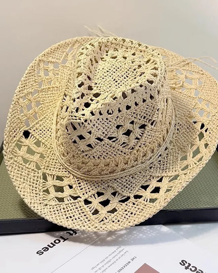 New Western Cowboy Hats for Women Men Classic Vintage Hollow Out Unisex Curled Wide Brim Sun Hat Fishing Hat Climbing Straw Cap