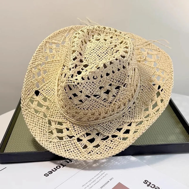 New Western Cowboy Hats for Women Men Classic Vintage Hollow Out Unisex Curled Wide Brim Sun Hat Fishing Hat Climbing Straw Cap