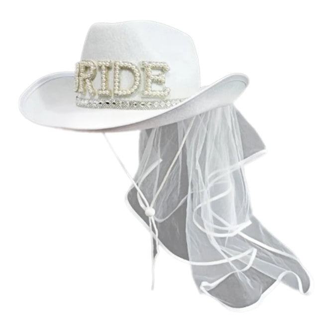 Bride Cowgirl Hat with Veil Novelty Cowboy Hat Summer Beach Hat Cowgirl Hat with Long Veil Western Fancy Dress Accessory