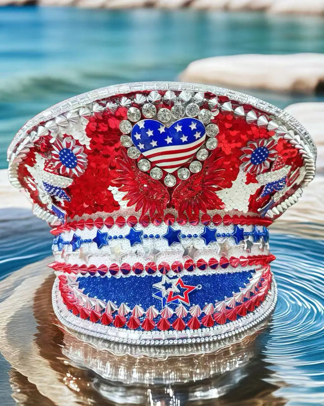 Festival Sequin Rhinestone Captain Hat | Steampunk Rave Accessories | Independence Day Cosplay Sparkling Party Hats for Women