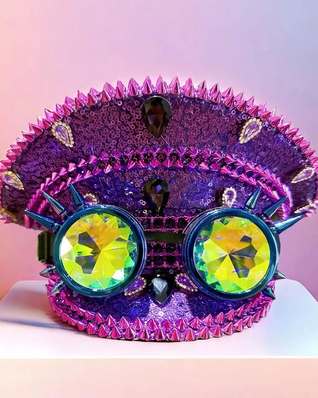 Burning Man Steampunk Captain hat badge glasses sparkle gemstone rhinestone sequined cap,bachelorette party favors halloween