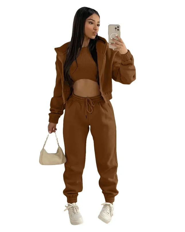 3pcs Women's Clothing Set Fleece-lined Hooded Sweater &Sleeveless Tank Top & Sports Sweatpants Pants