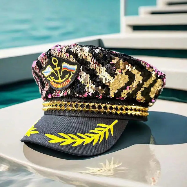 Stylish Navy Party Hat with Sequins and Gold Studs, Suitable for Bachelorette Parties, Bars, Music Festivals