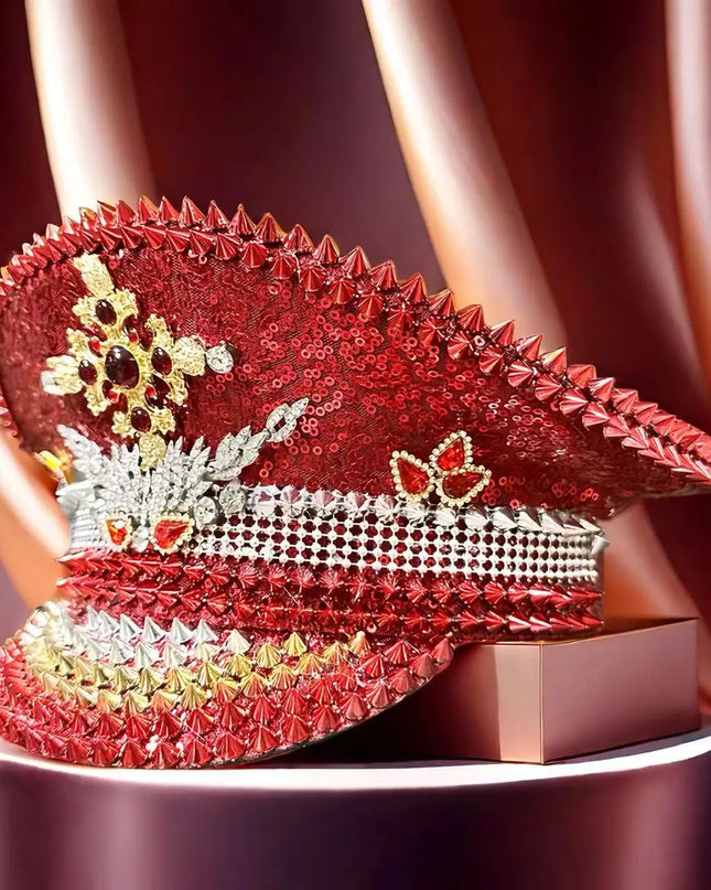 HongLuan Vintage Sparkle Red Captain Hat Rhinestone for Women,Burning Man Military Cap&Hats Luxury Woman