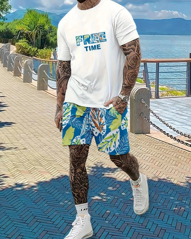 2-piece Vintage Printed Men's Short Sleeve Shorts Set Summer Casual Everyday Men's T-shirt Outdoor Sports Men's Beach Shorts
