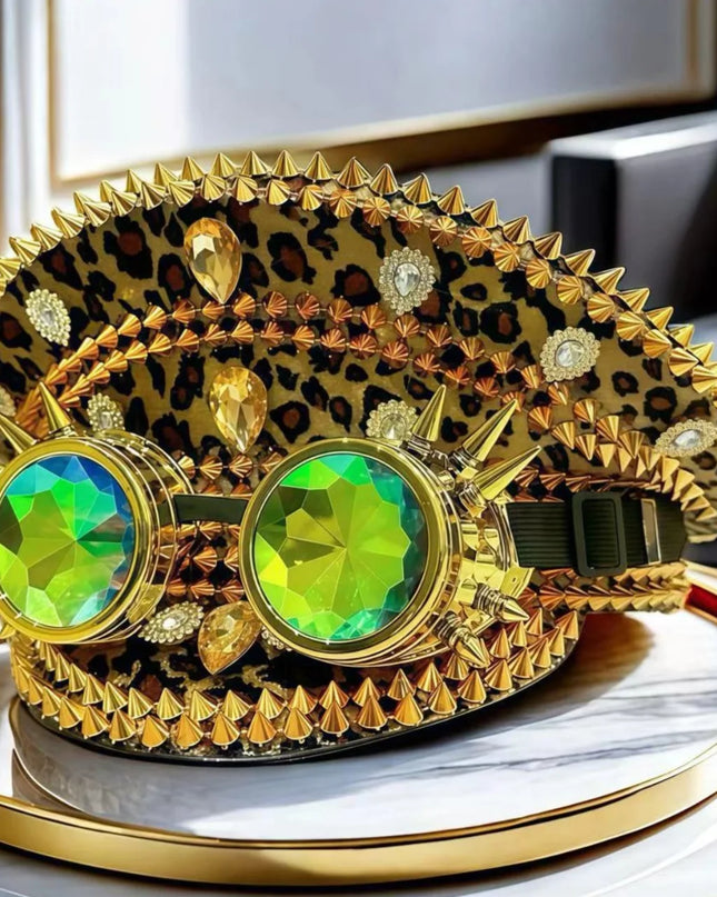 Leopard Print Steampunk Captain Hat Punk Goggles Gold Music Festival Masquerade Military Cap Costume Cosplay Accessor Unisex